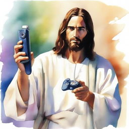 Create a realistic watercolor painting of Jesus holding a joystick in his hands