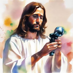 Create a realistic watercolor painting of Jesus holding a joystick in his hands