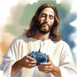 Create a realistic watercolor painting of Jesus holding a joystick in his hands