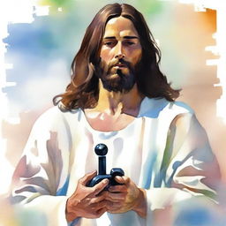 Create a realistic watercolor painting of Jesus holding a joystick in his hands