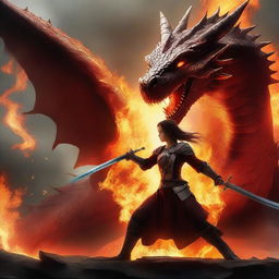 A girl fighting a dragon, holding a sword in her hands, and wearing armor with flames in the background