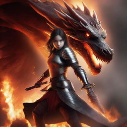 A girl fighting a dragon, holding a sword in her hands, and wearing armor with flames in the background