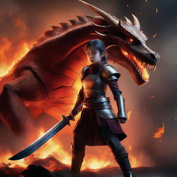 A girl fighting a dragon, holding a sword in her hands, and wearing armor with flames in the background