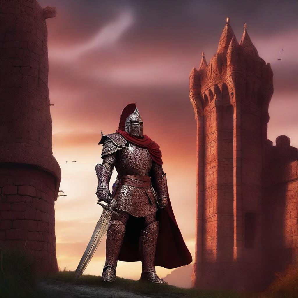 A crimson guard standing tall and vigilant, wearing a deep red armor with intricate designs