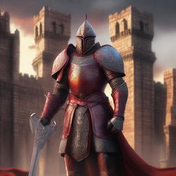 A crimson guard standing tall and vigilant, wearing a deep red armor with intricate designs