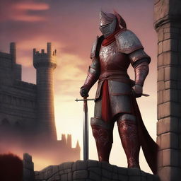 A crimson guard standing tall and vigilant, wearing a deep red armor with intricate designs