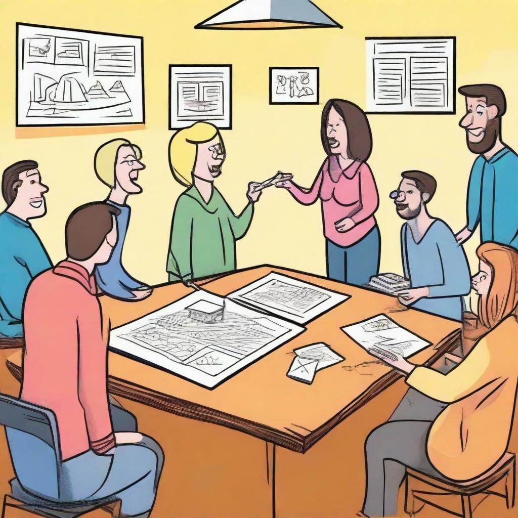 A whimsical and colorful image showcasing a game of Pictionary