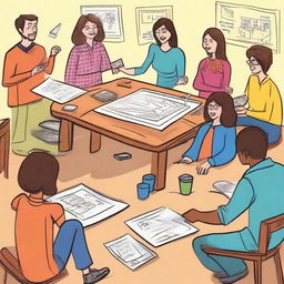 A whimsical and colorful image showcasing a game of Pictionary