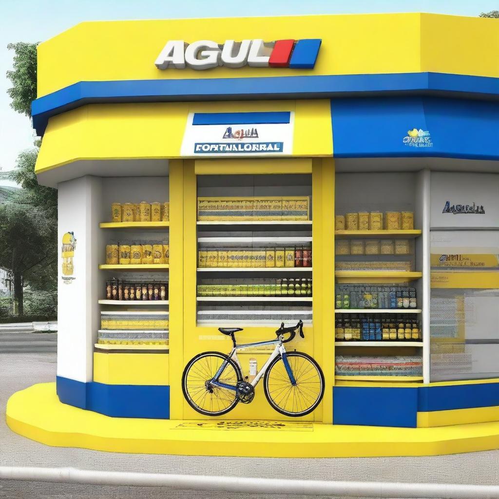 Create an image of a neighborhood store designed like a Tour de France podium