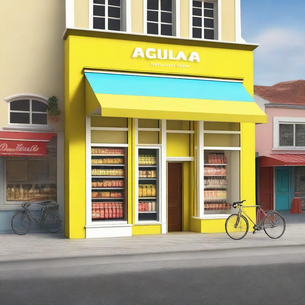 Create an image of a neighborhood store designed like a Tour de France podium