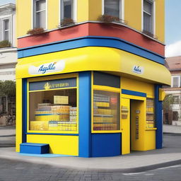 Create an image of a neighborhood store designed like a Tour de France podium