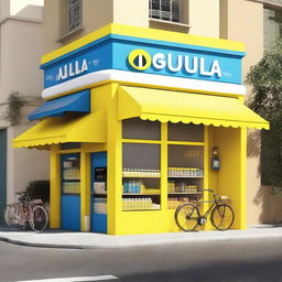 Create an image of a neighborhood store designed like a Tour de France podium