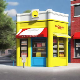 Create an image of a neighborhood store designed like a Tour de France podium