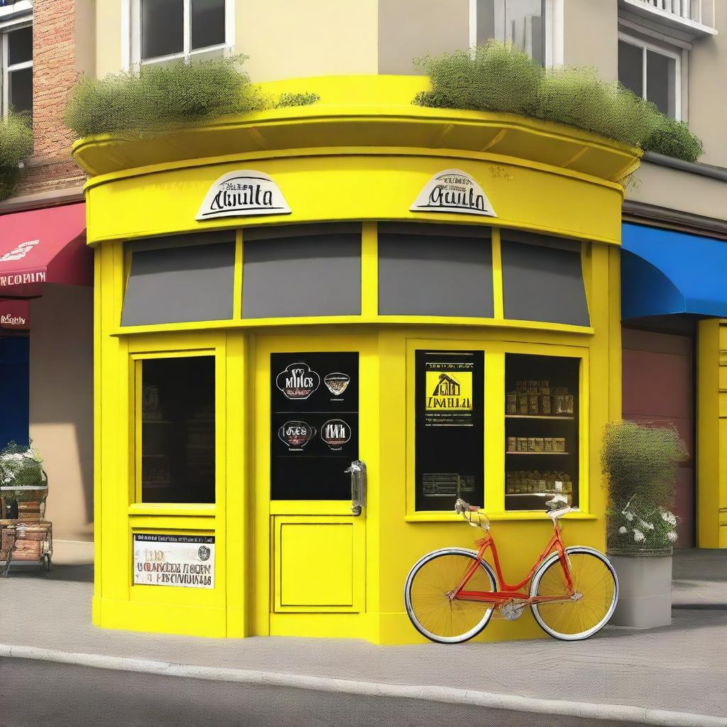 Create an image of a neighborhood store designed like a Tour de France podium