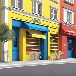 Create an image of a neighborhood store designed like a Tour de France podium