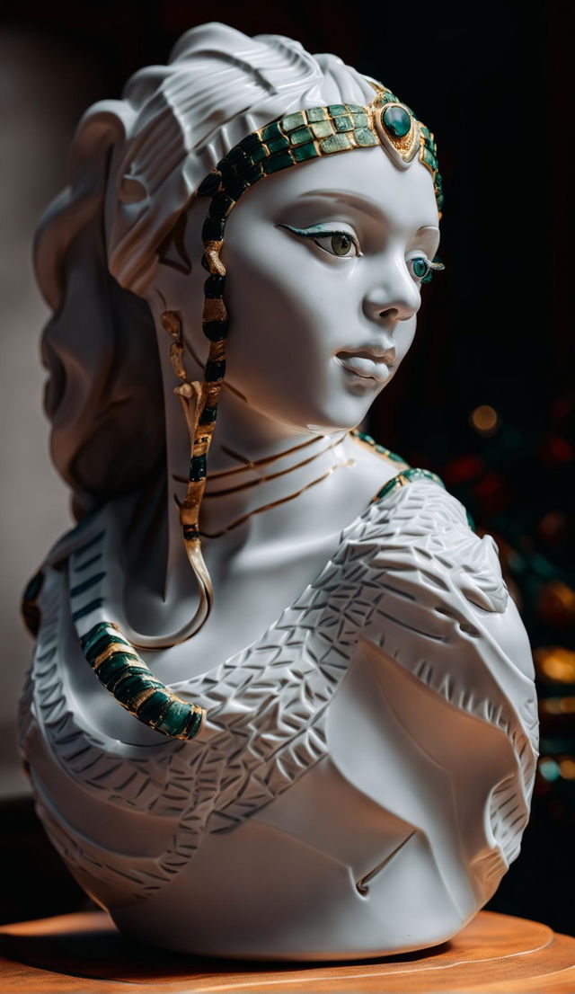 High-definition photograph of an ancient porcelain bust of Cleopatra with a black python coiled around it against a blurred background.