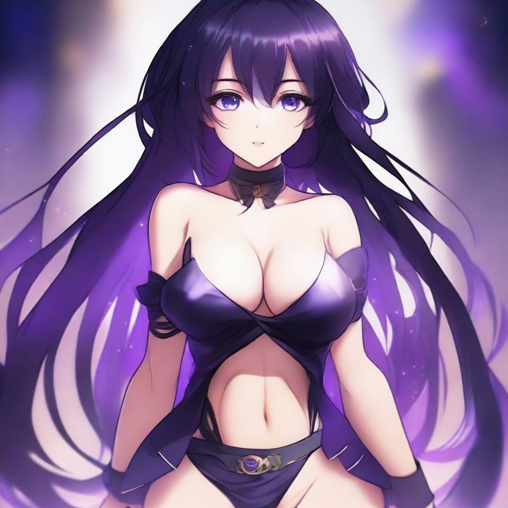 Create an image of an anime girl with black hair that has purple ends, and purple eyes