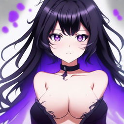 Create an image of an anime girl with black hair that has purple ends, and purple eyes