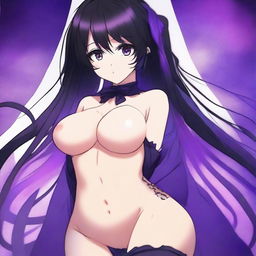 Create an image of an anime girl with black hair that has purple ends, and purple eyes