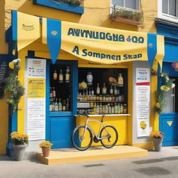 A quaint village shop transformed into a cycling race podium where the primary colors are yellow, blue, and white