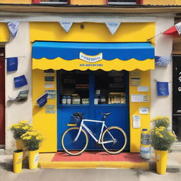 A quaint village shop transformed into a cycling race podium where the primary colors are yellow, blue, and white