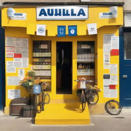 A quaint village shop transformed into a cycling race podium where the primary colors are yellow, blue, and white