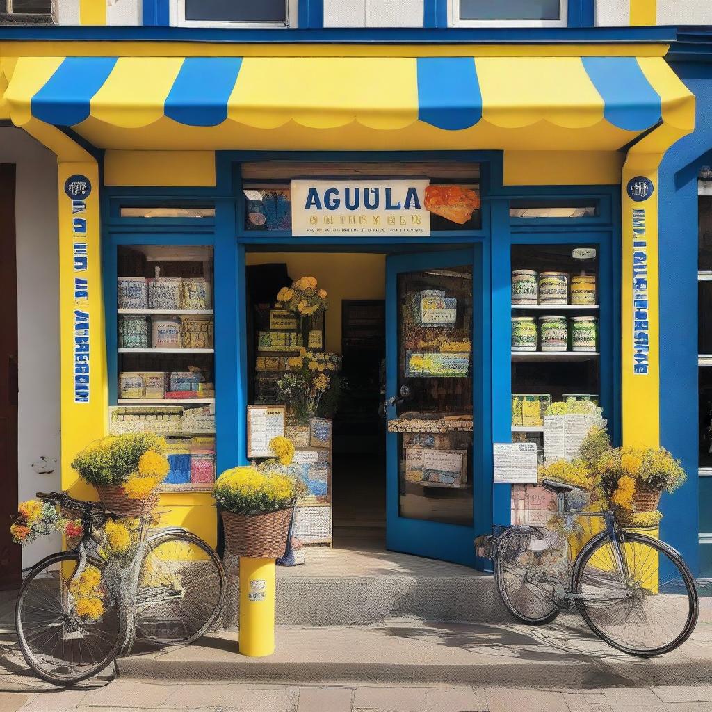 A quaint village shop transformed into a cycling race podium where the primary colors are yellow, blue, and white