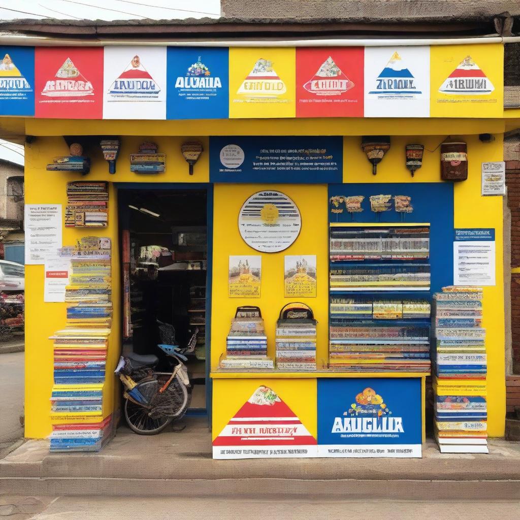 A roadside shop in a Colombian village transformed into a cycling race podium where the primary colors are yellow, blue, and white