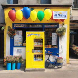 A roadside shop in a Colombian village transformed into a cycling race podium where the primary colors are yellow, blue, and white