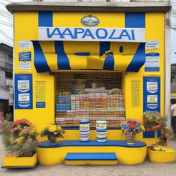 A roadside shop in a Colombian village transformed into a cycling race podium where the primary colors are yellow, blue, and white