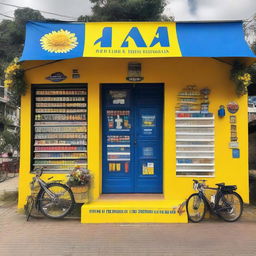 A roadside shop in a Colombian village transformed into a cycling race podium where the primary colors are yellow, blue, and white