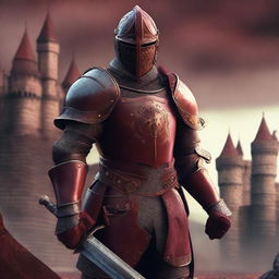 A crimson soldier from the medieval era, clad in detailed armor with a rich red hue