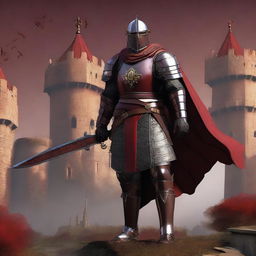 A crimson soldier from the medieval era, clad in detailed armor with a rich red hue