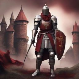 A crimson soldier from the medieval era, clad in detailed armor with a rich red hue