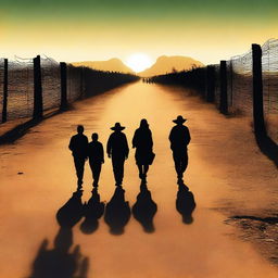 A movie poster depicting silhouettes of Indian men and women crossing the border from Mexico to the USA