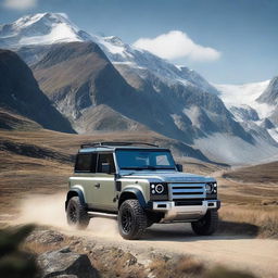 Create an image of a Land Rover Defender cabrio coupé with a supercharger on the hood