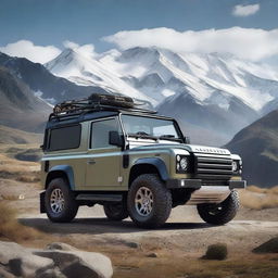 Create an image of a Land Rover Defender cabrio coupé with a supercharger on the hood