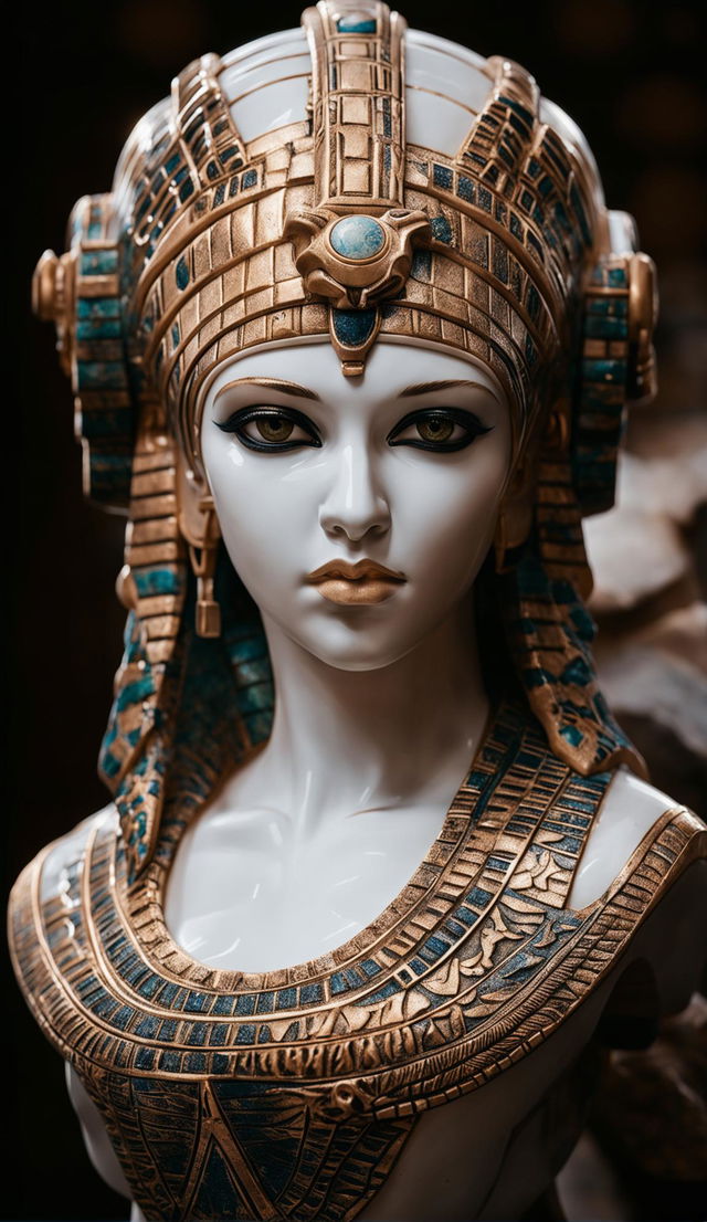 High-definition photograph of an intricately detailed porcelain bust of Cleopatra against a tomb background.