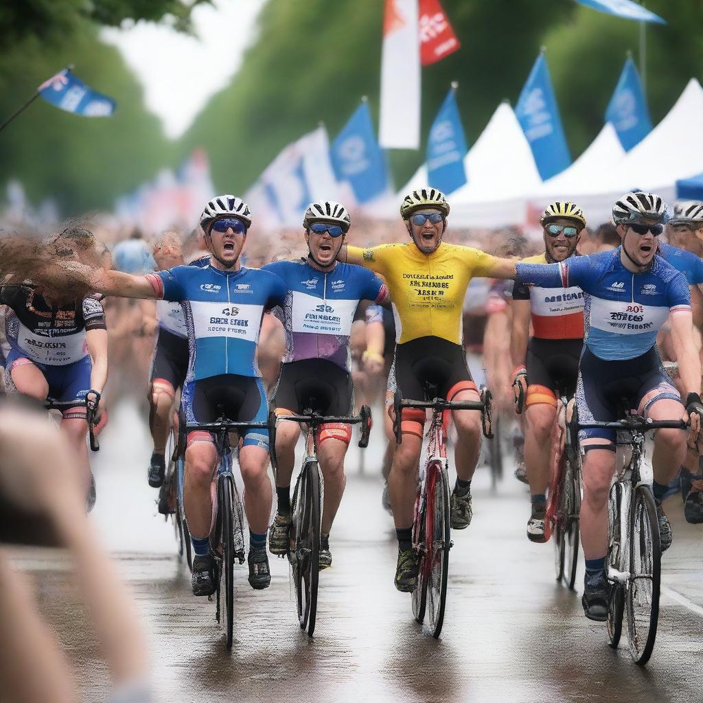 A cycling race finish line where protocol models are handing out cold beers and sweat towels to the participants