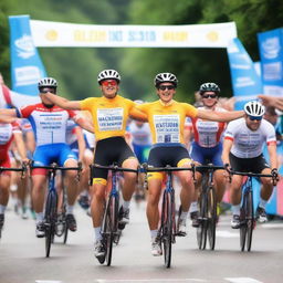 A cycling race finish line where protocol models are handing out cold beers and sweat towels to the participants