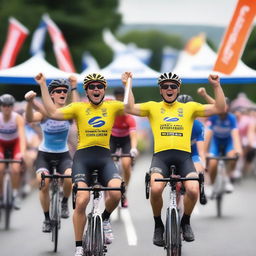 A cycling race finish line where protocol models are handing out cold beers and sweat towels to the participants