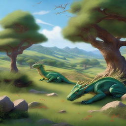 A realistic depiction of a meadow with dragons peacefully grazing among the holm oaks