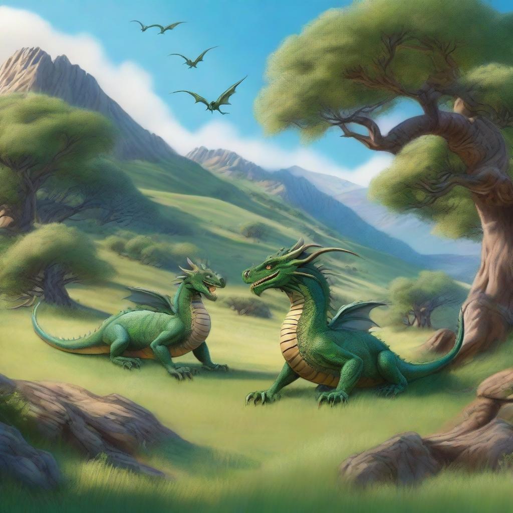 A realistic depiction of a meadow with dragons peacefully grazing among the holm oaks