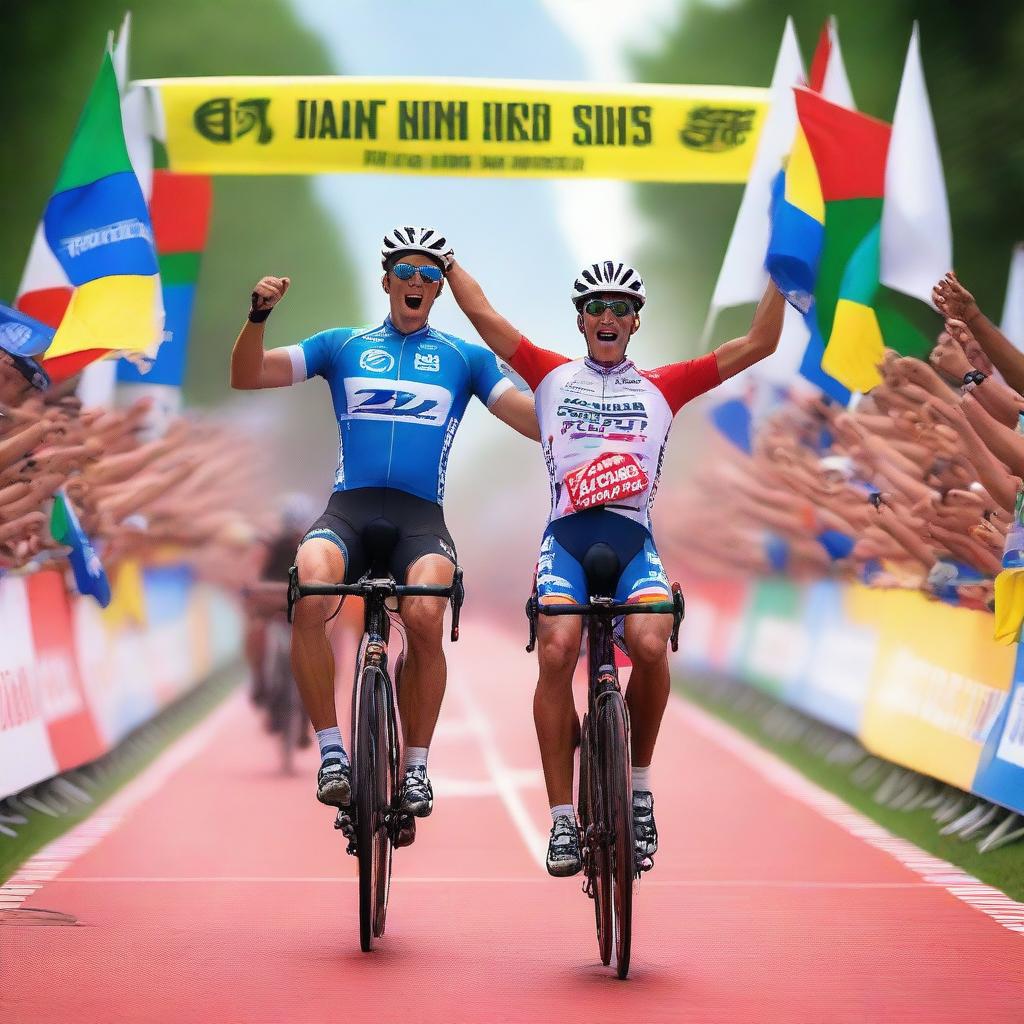 A cycling race finish line in a lively and colorful setting