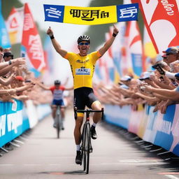 A cycling race finish line in a lively and colorful setting