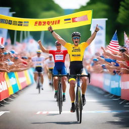 A cycling race finish line in a lively and colorful setting