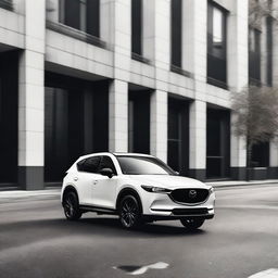 A sleek and stylish white Mazda CX-5 100th years anniversary edition with a blacked-out roof