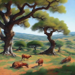 A realistic depiction of a dehesa in Extremadura with dragons peacefully grazing among the holm oaks