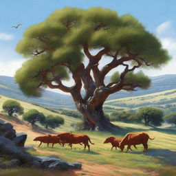 A realistic depiction of a dehesa in Extremadura with dragons peacefully grazing among the holm oaks