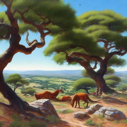 A realistic depiction of a dehesa in Extremadura with dragons peacefully grazing among the holm oaks